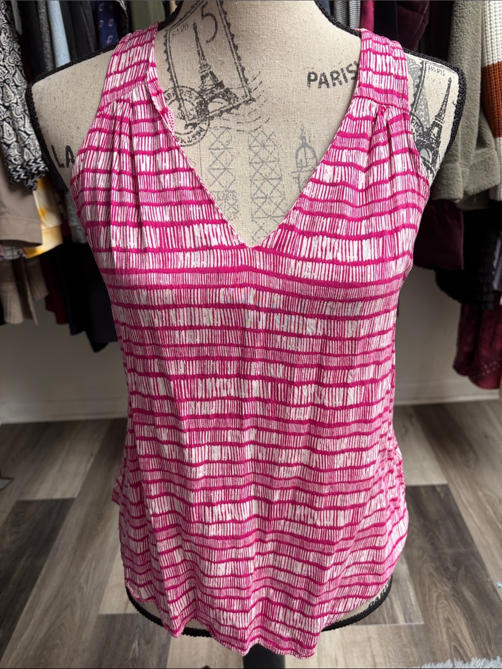 Pink and White Striped V-Neck Tank Top